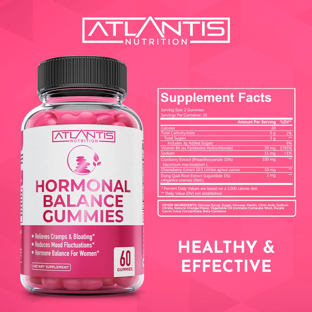 Atlantis Nutrition Hormonal Balance for Women & PMS Relief Gummies - Alleviates Cramps, Bloating, Mood Swings, Hot Flashes & Night Sweats - Cranberry, Dong Quai & Chasteberry Menstrual Cramp Relief Atlantis NutritionAu supplements