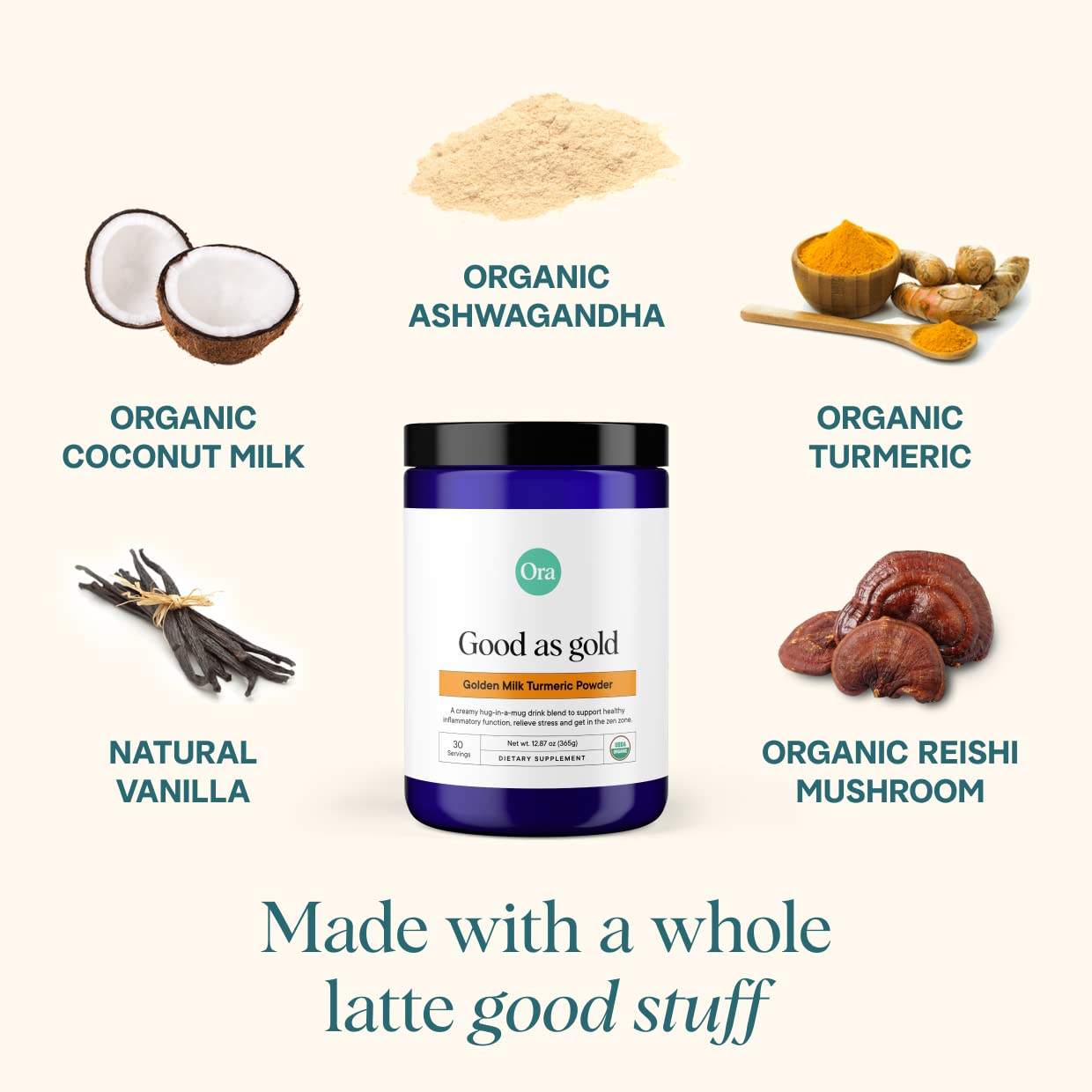 Ora Organic Golden Milk Powder - Ayurvedic Turmeric Powder with Organic Adaptogens - Ashwagandha, Reishi and Ginger | Organic, Gluten-Free, Soy-Free, Vegan, Non-GMO - Maple & Vanilla, 30 Servings Ora OrganicUS supplements