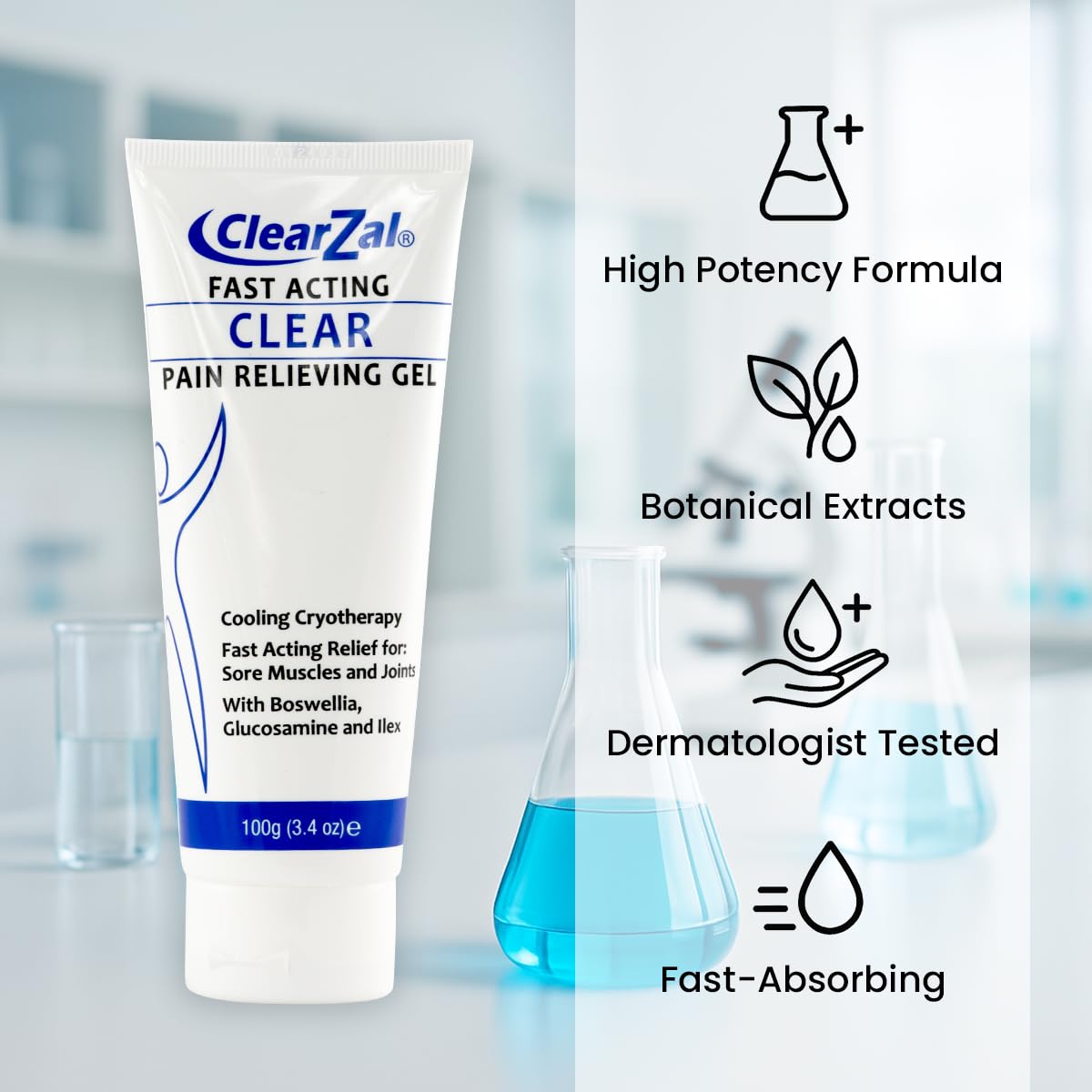 ClearZal Fast Acting Clear Pain Relieving Gel with Cooling Cryotherapy, Boswellia and Glucosamine for Sore Muscles and Joints, Soothing Cooling Gel 3.4 oz ClearzalAu supplements