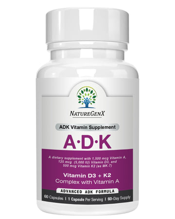NatureGenX ADK Vitamin Supplement – Vitamins A, D3 & K2 MK-7 for Bone Health & Calcium Absorption – Gluten-Free, Non-GMO, Soy-Free