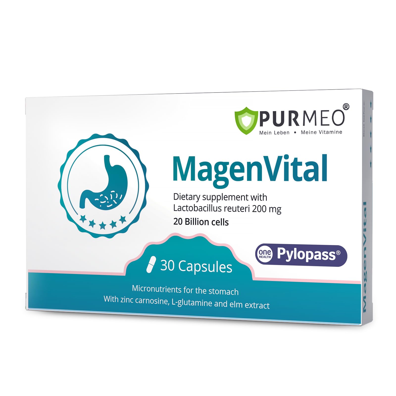 5-in-1 High Potency H. Pylori Probiotic, 1 Per Day - Supports Gastric Lining Integrity, Occasional Indigestion, Acid Comfort - Pylopass Lactobacillus Reuteri, Gluten Free, Vegan, 30ct, Made in Germany purmeoAu supplements