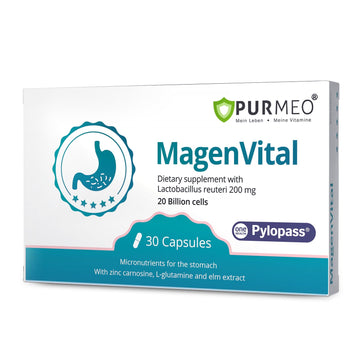 5-in-1 High Potency H. Pylori Probiotic, 1 Per Day - Supports Gastric Lining Integrity, Occasional Indigestion, Acid Comfort - Pylopass Lactobacillus Reuteri, Gluten Free, Vegan, 30ct, Made in Germany purmeoAu supplements