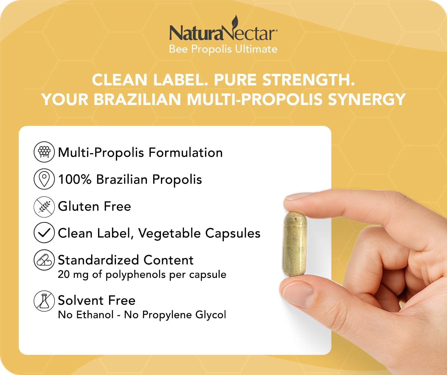NaturaNectar - Ultimate Bee Propolis Capsules - NSF Contents Certified -Brazilian Red, Brown, & Green - Gluten-Free Supplement with Flavonoids - Naturally Sourced Through Ethical Beekeeping (60pcs.) NaturaNectarAu supplements