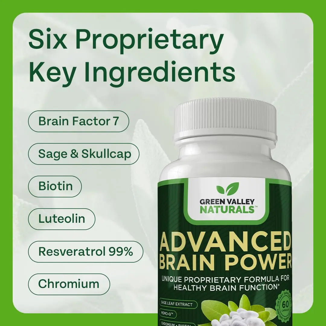 GREEN VALLEY NATURALS - Advanced Brain Power - Supports Healthy, Normal Brain Function, Focus and Concentration, clinically formulated to Support Healthy Brain Clarity. (1 Bottle, 60, Count) GREEN VALLEY NATURALSAu supplements