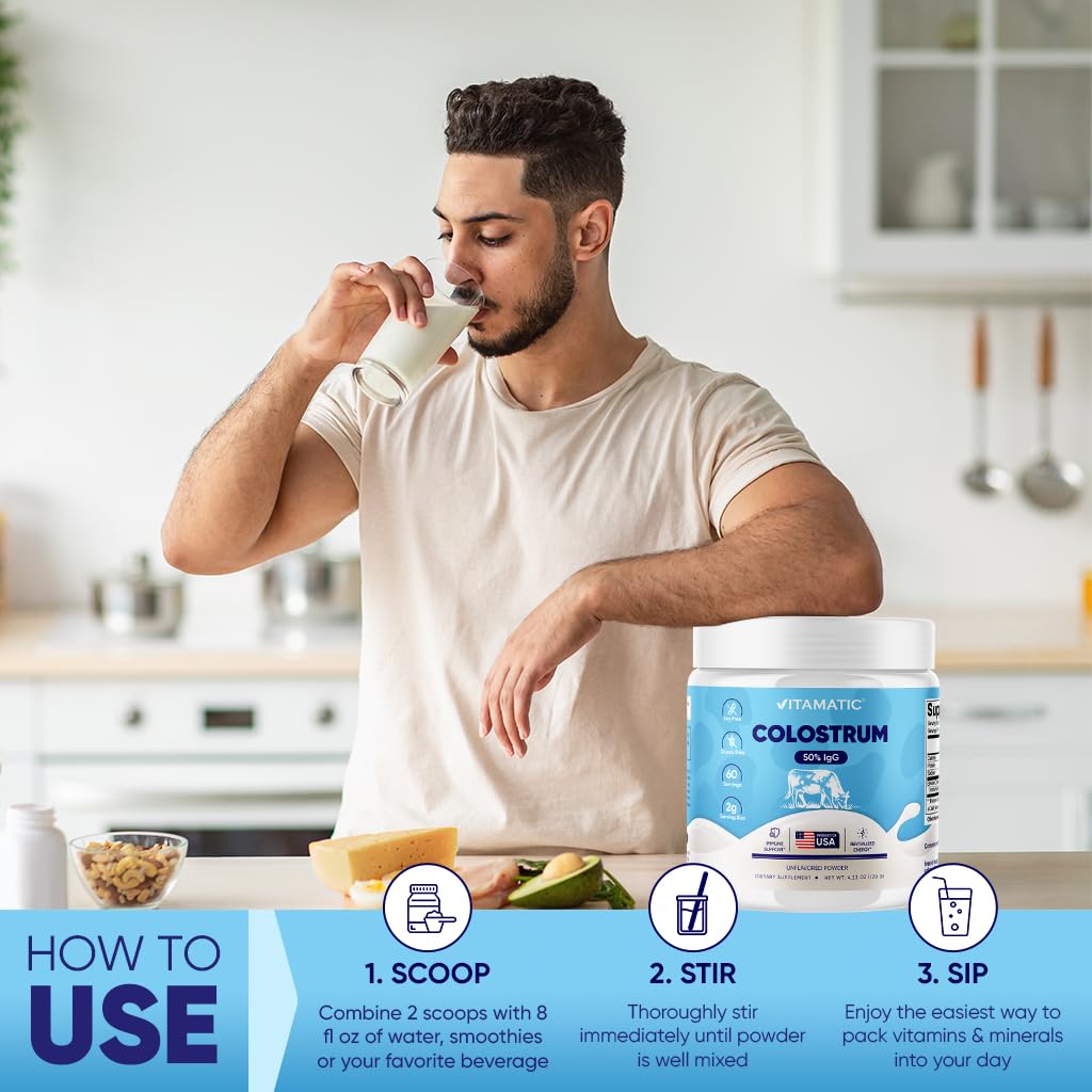 Vitamatic Bovine Colostrum Powder - 50% Highest IgG -120 Gram - Supplement for Gut Health, Hair Growth, Beauty, Muscle Recovery, & Immune Support - Easy to Mix - Unflavored - 60 Servings VitamaticAu supplements