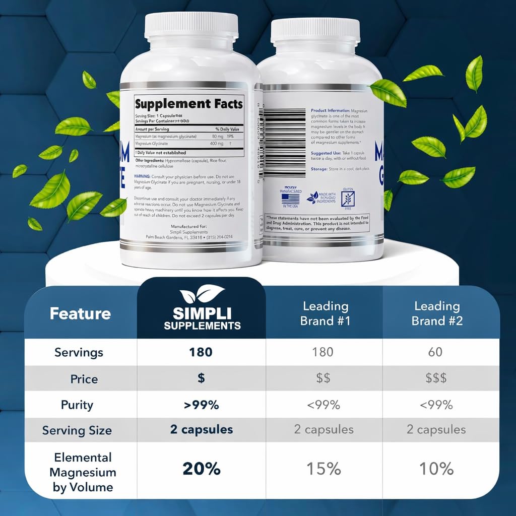 Magnesium Glycinate 400mg per Serving – High Absorption – Gentle on Stomach – Supports Sleep, Relaxation, Muscle, Bone & Immune Health – Non-GMO, Vegan, 180 Capsules Simpli SupplementsAu supplements
