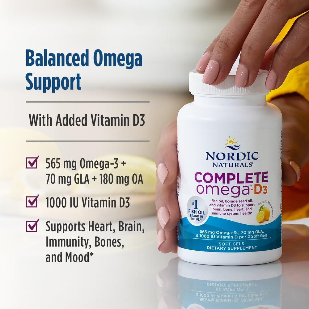 Nordic Naturals Complete Omega-D3, Lemon Flavor - 120 Soft Gels - 565 mg Omega-3 + 70 mg GLA + 1000 IU Vitamin D3 - EPA & DHA - Healthy Skin, Cognition, Positive Mood - Non-GMO - 60 Servings Nordic NaturalsAu supplements
