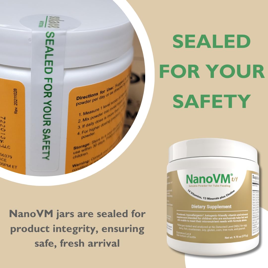 NanoVM t/f, Dietary Supplement for Tube Feeding, Allergen-Free Kids Multivitamin, Unflavored Vitamin Powder with 14 Vitamins & 13 Minerals, Low-Carb Kids Vitamins, 275g - Solace Nutrition NanoVMAu supplements