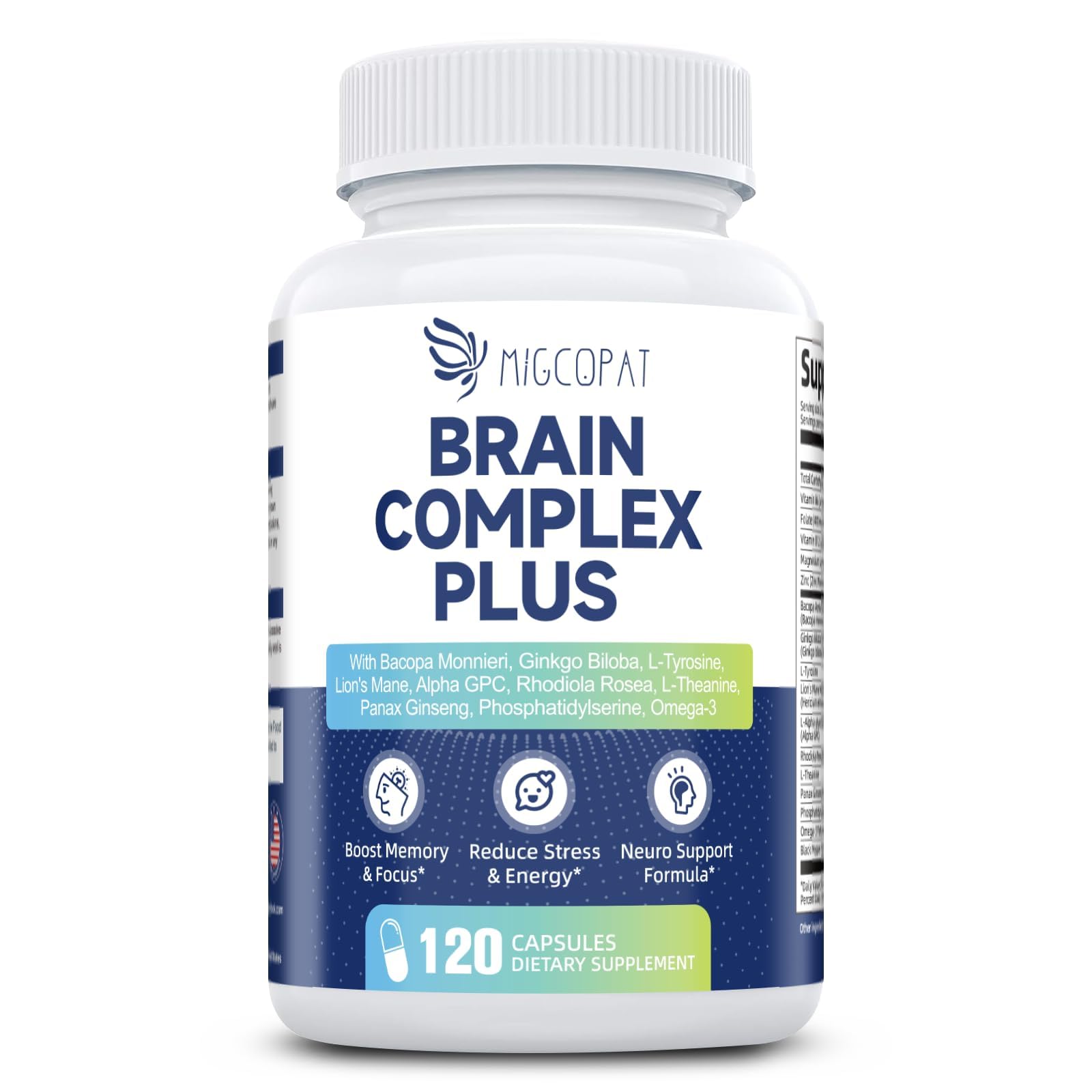 Brain Supplements for Memory and Focus | Nootropic with Bacopa Monnieri, Lion's Mane, Alpha GPC, Ginkgo Biloba | Mental Clarity & Cognitive Support | Vitamin B6 & B12 Neuro Health - Non-GMO, 120 Caps MigcopatAu supplements