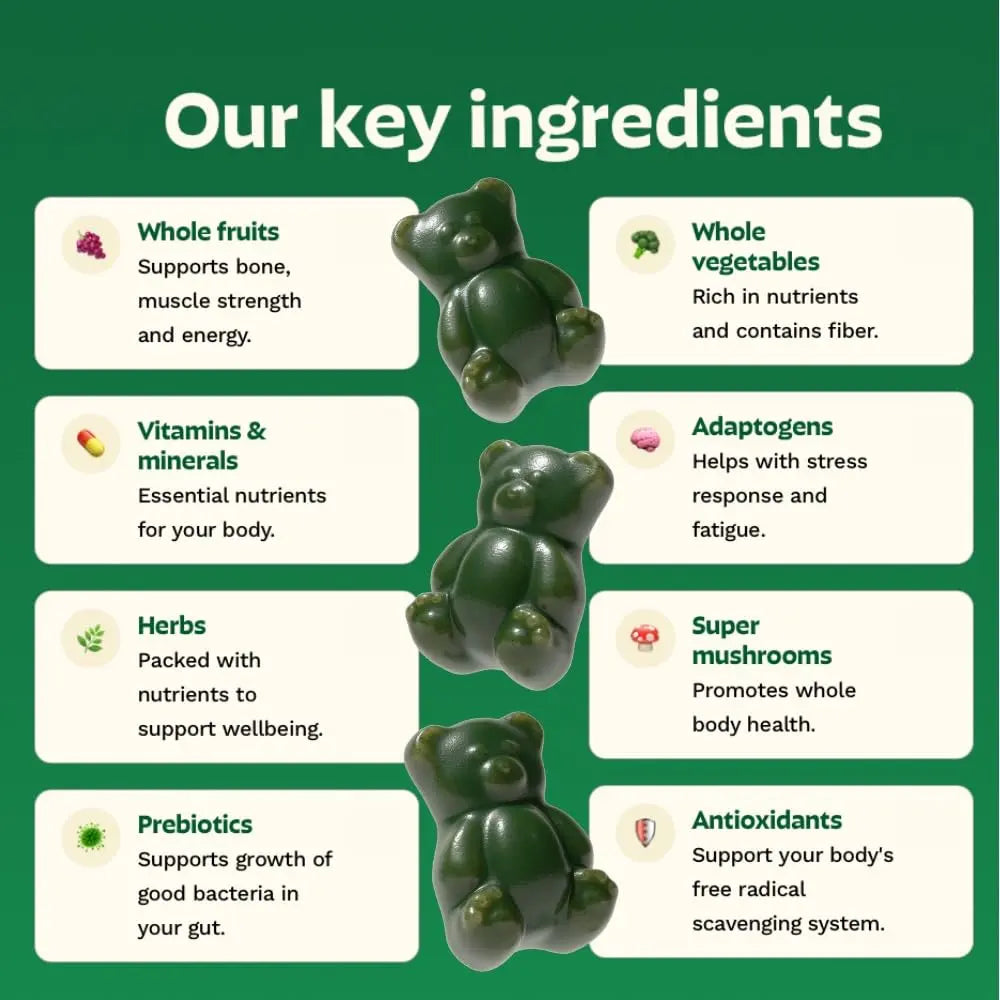 Gruns Sugar-Free Super Greens Gummies, Multivitamin Superfood Gummy Bears, Spirulina, Chlorella, Prebiotics & Fiber gummies for Digestive Health, Adaptogens Supplement, 20 Vitamins & Minerals, 10 pack Grünsnz supplements