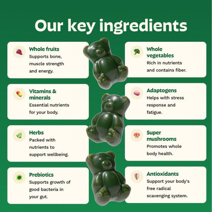 Gruns Adults Super Greens Gummies, Multivitamin Superfood Gummy Bears, Spirulina, Chlorella, Prebiotics & Fiber Gummies for Digestive Health GrünsUS supplements