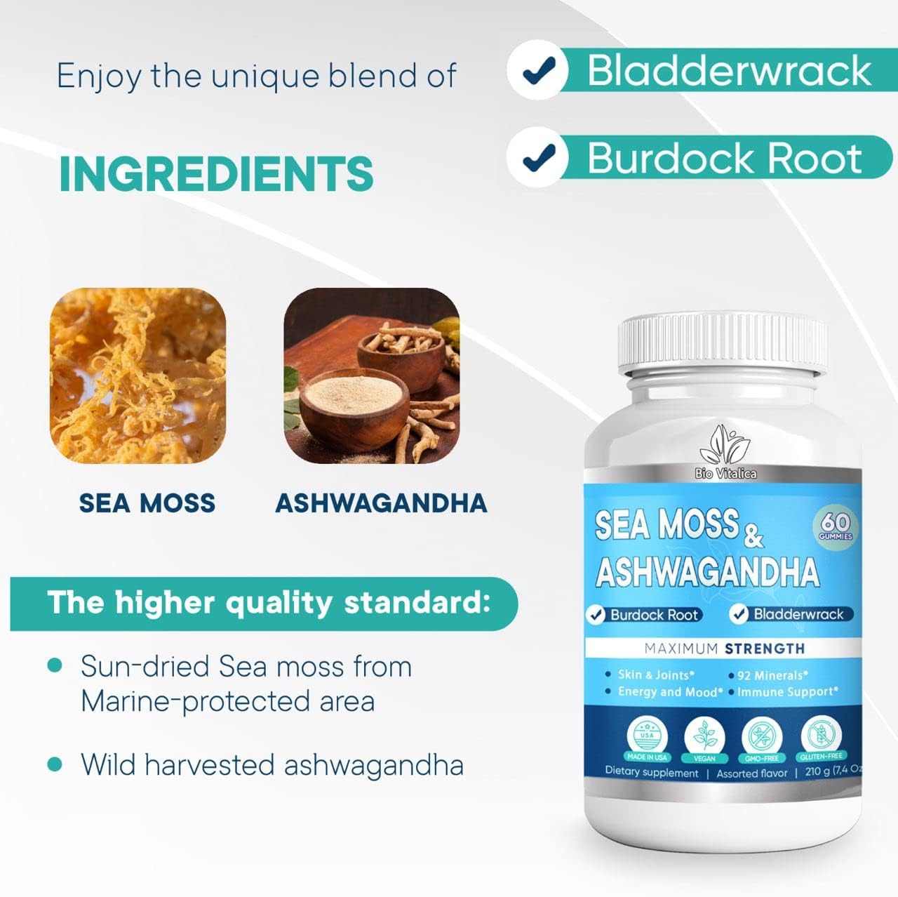 BIO VITALICA Sea Moss Ashwagandha Gummies - Organic Irish Seamoss & Ashwagandha Root Supplements for Supporting Energy for Men & Women, 60 Vegan Gummies BIO VITALICAAu supplements