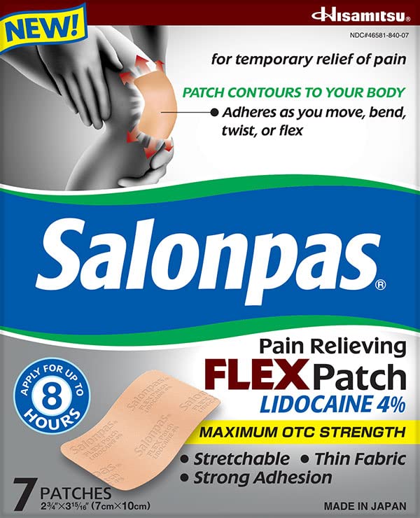 Salonpas Temporary Pain Relieving Flex Patch with Lidocaine 4%, Maximum OTC Strength, Stretchable Thin Fabric, Strong Adhesion, Contours to Body, Apply for Up to 8 Hours 7 ct (Pack of 2) SalonpasAu supplements