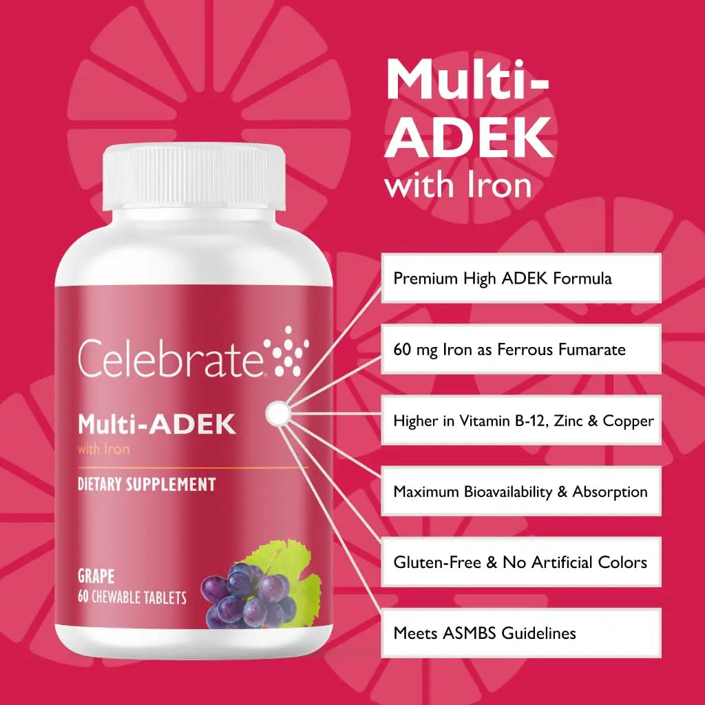 Celebrate Vitamins Multi ADEK Chewables, 60mg Iron - Daily Bariatric Multivitamin, Vitamins A, D, E, K & B12 for Duodenal Switch Surgery Patients Celebrate Bariatric SupplementsAu supplements