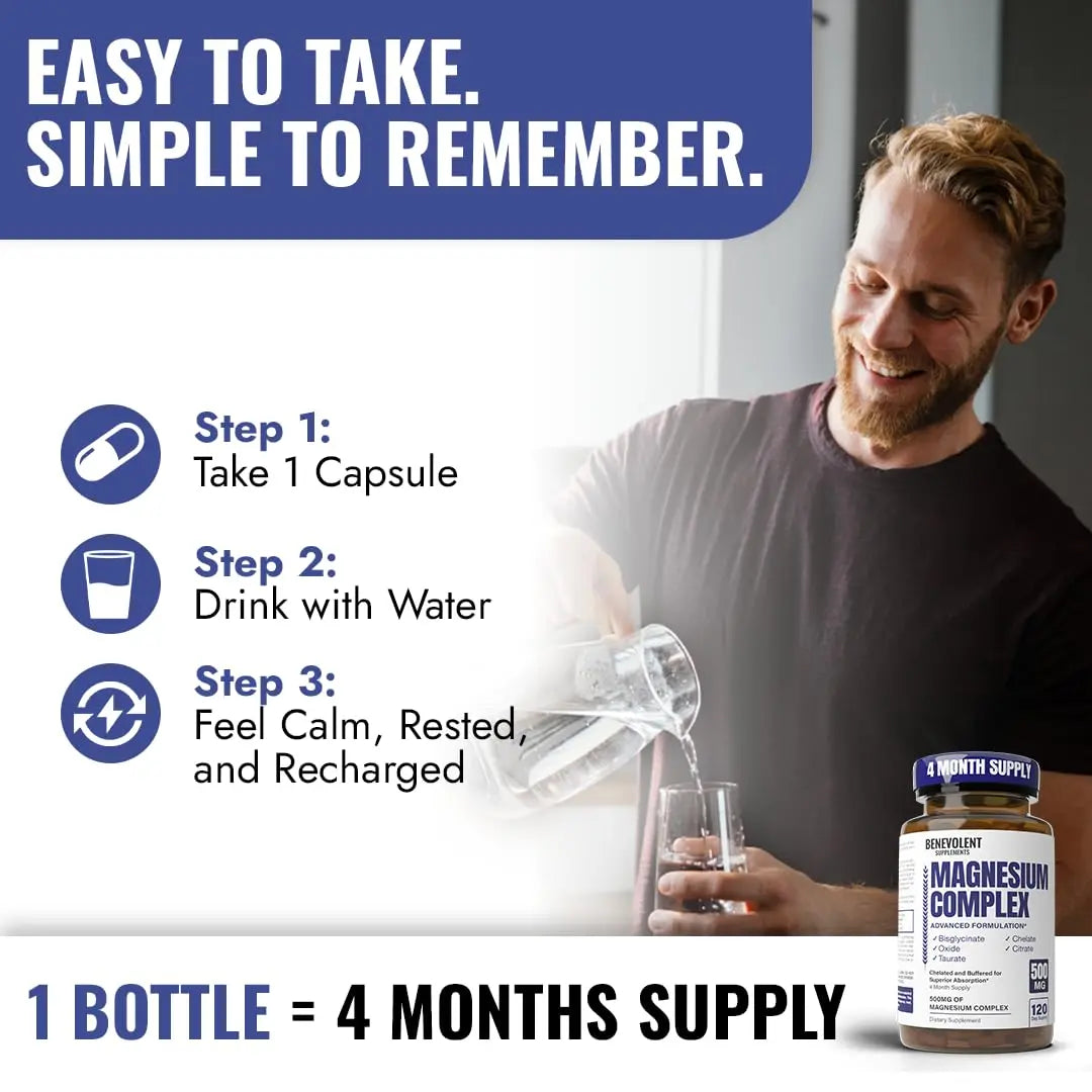 Magnesium Complex Supplement, 4 Month Supply of 500mg 5-in-1 Bisglycinate, Oxide, Taurate, Aspartate, Citrate, Max Absorption Magnesium Supplement for Calm, Sleep & Leg Cramps, 120 Capsule Benevolent Nourishmentnz supplements