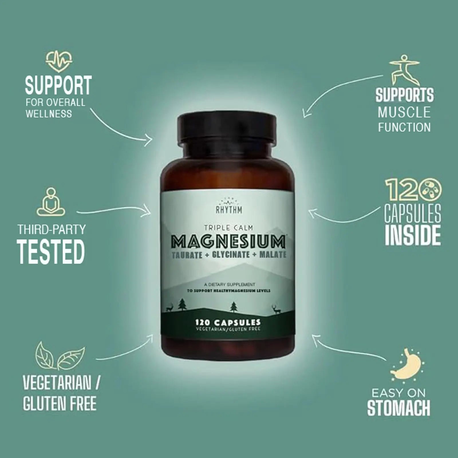 Natural Rhythm Triple Calm Magnesium Complex - 120 Capsules, Chelated Magnesium Glycinate, Taurate & Malate, High Absorption Supplement for Sleep, Stress, Muscle & Heart Support, Non-GMO, Vegan Natural Rhythmnz supplements