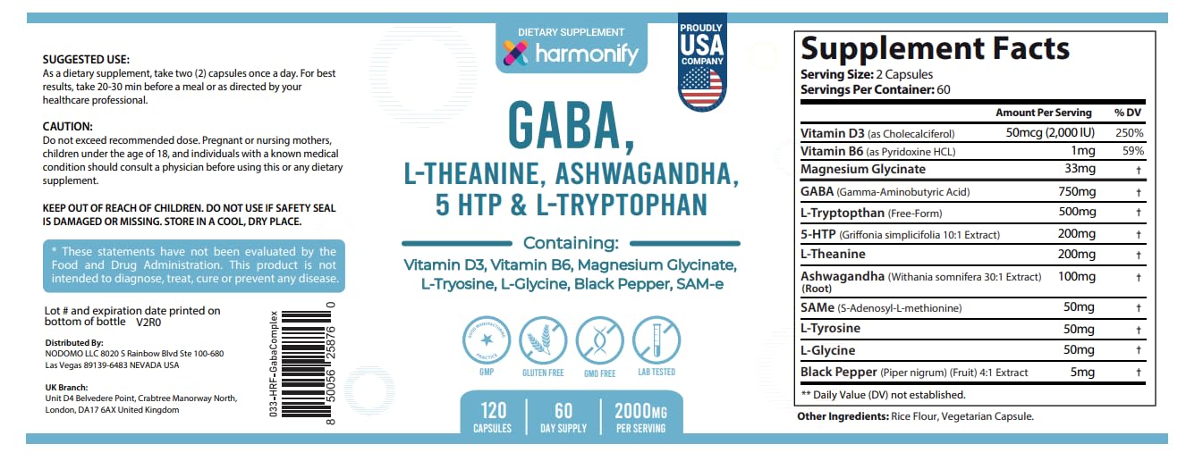 HARMONIFY GABA L-Theanine Supplements with Magnesium Glycinate, Ashwagandha, Same, 5-HTP and L-Tryptophan, 12 in 1 Supplements, 120 Capsules, 2000 mg HARMONIFYAu supplements