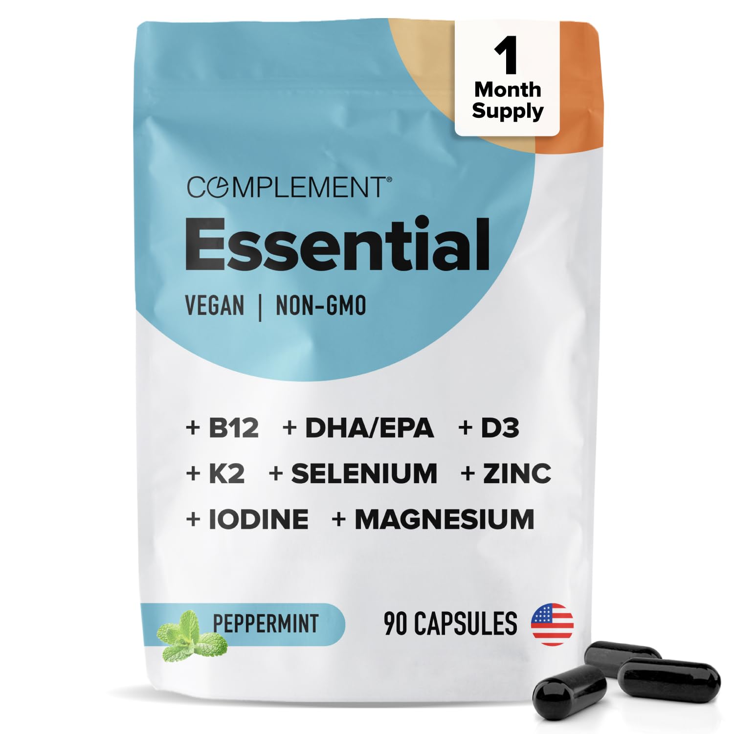 Complement Essential Vegan Multivitamin for Men & Women (30 Servings, 90 Capsules) with Omega-3 DHA & EPA, B12, Vitamin D3 & K2, Zinc, Selenium, Magnesium, Iodine - Supports Immunity & Overall Health ComplementAu supplements