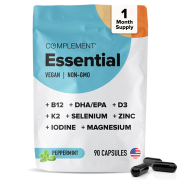 Complement Essential Vegan Multivitamin for Men & Women (30 Servings, 90 Capsules) with Omega-3 DHA & EPA, B12, Vitamin D3 & K2, Zinc, Selenium, Magnesium, Iodine - Supports Immunity & Overall Health ComplementAu supplements