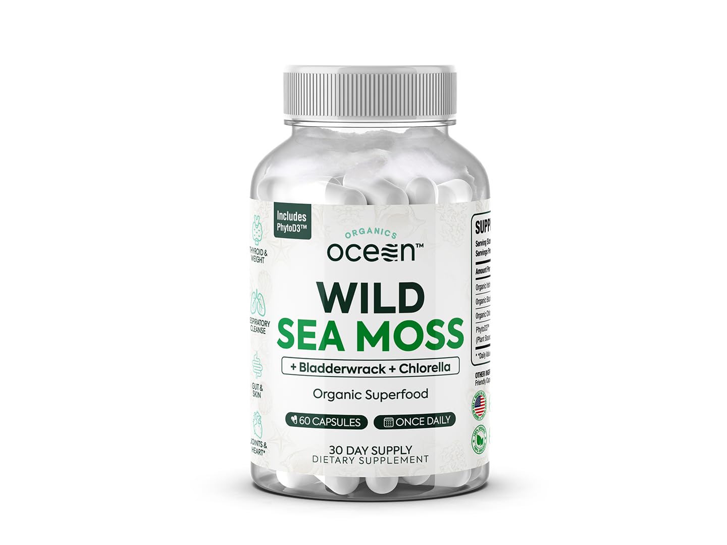 Organics Ocean Wild Sea Moss Capsules - 100% Organic Irish Sea Moss with Organic Chlorella, Bladderwrack and Vitamin D for Energy, Lung Health and Thyroid Support for Women and Men - 60 Capsules Organics OceanAu supplements
