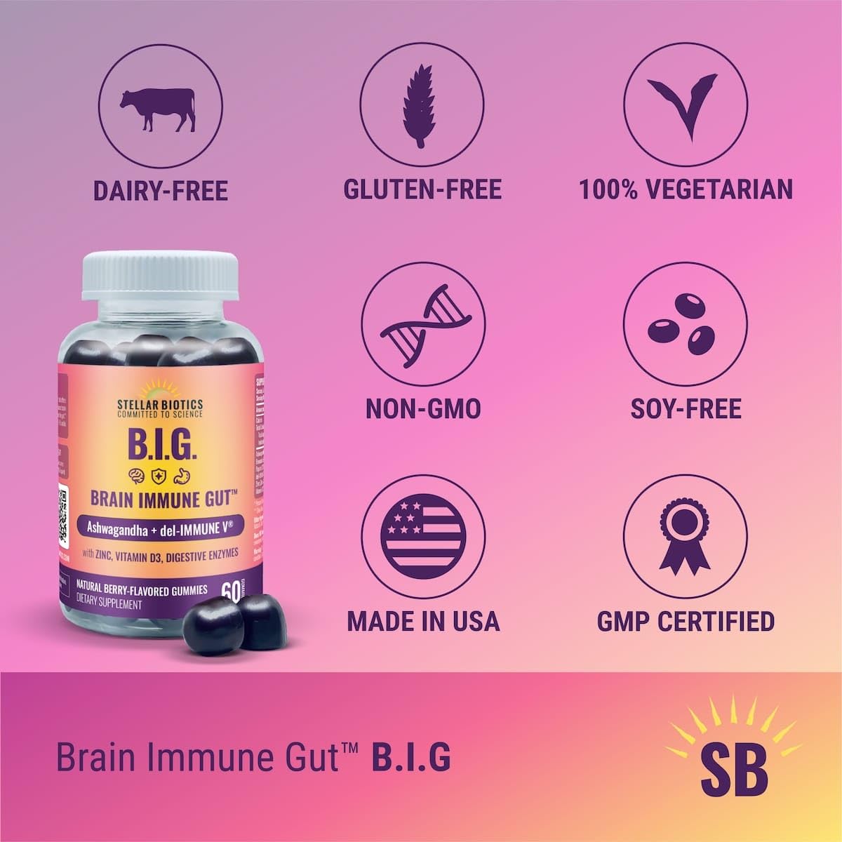 Del-Immune V + Ashwagandha - Brain Immune Gut™ (B.I.G.) Gummy - All Natural Immune & Gut Support with Zinc, Vitamin D3 + Digestive Enzymes (60 Gummies) Del-Immune VAu supplements