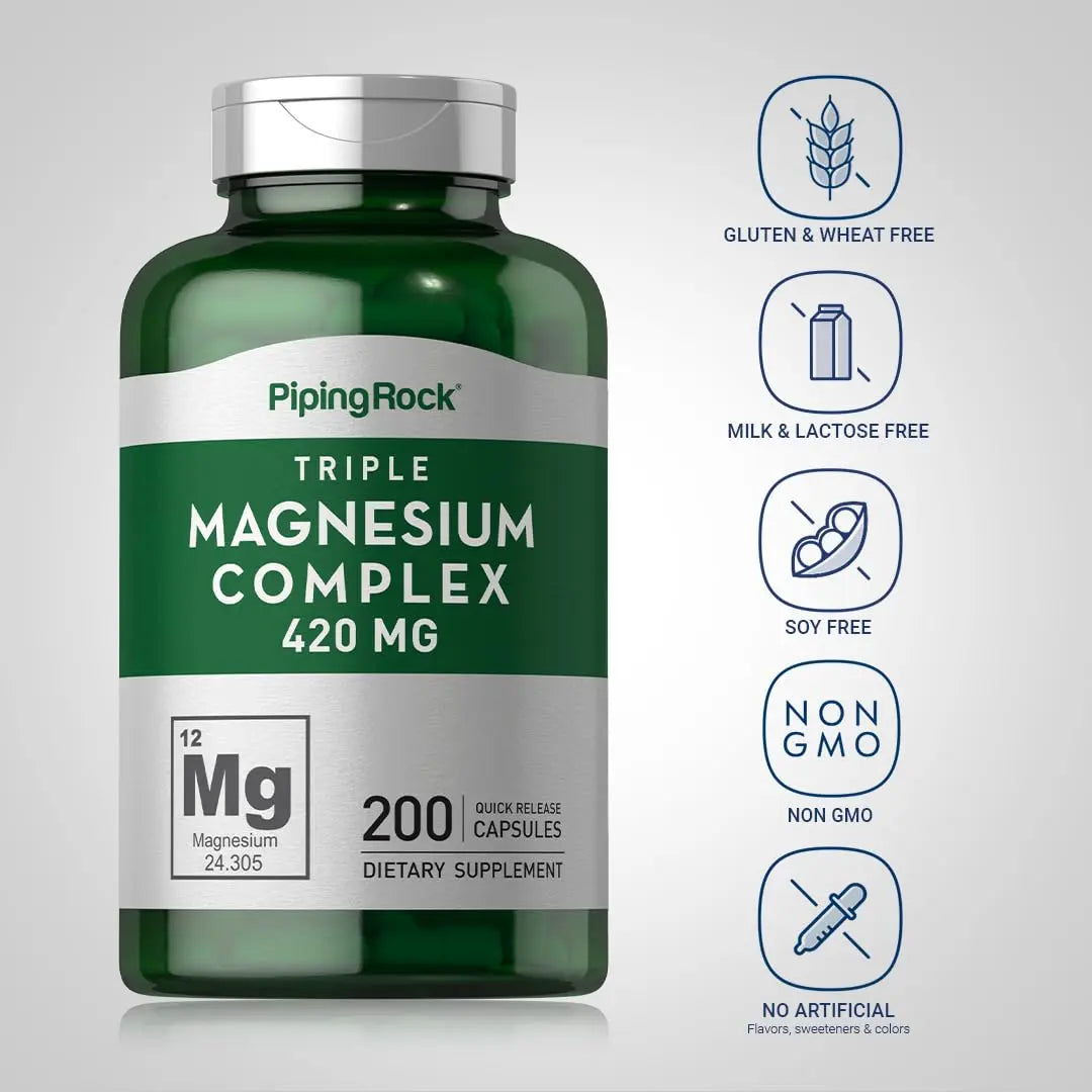 Piping Rock Triple Magnesium Complex | 420 mg | 200 Capsules | Magnesium Oxide, Citrate, and Aspartate Supplement | Non-GMO, Gluten Free Piping Rocknz supplements