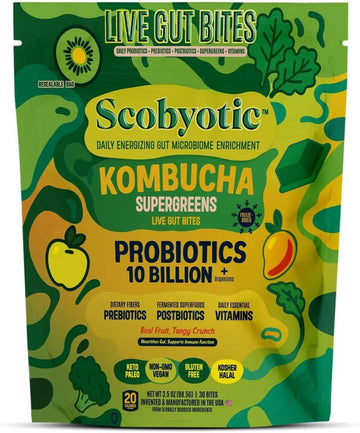 Scobyotic® Kombucha Supergreens Live Gut Bites – 10 Billion CFU Probiotics + Prebiotics & Postbiotics – Kombucha & Supergreens – Freeze-Dried Probiotic Supplement ScobyoticAu supplements