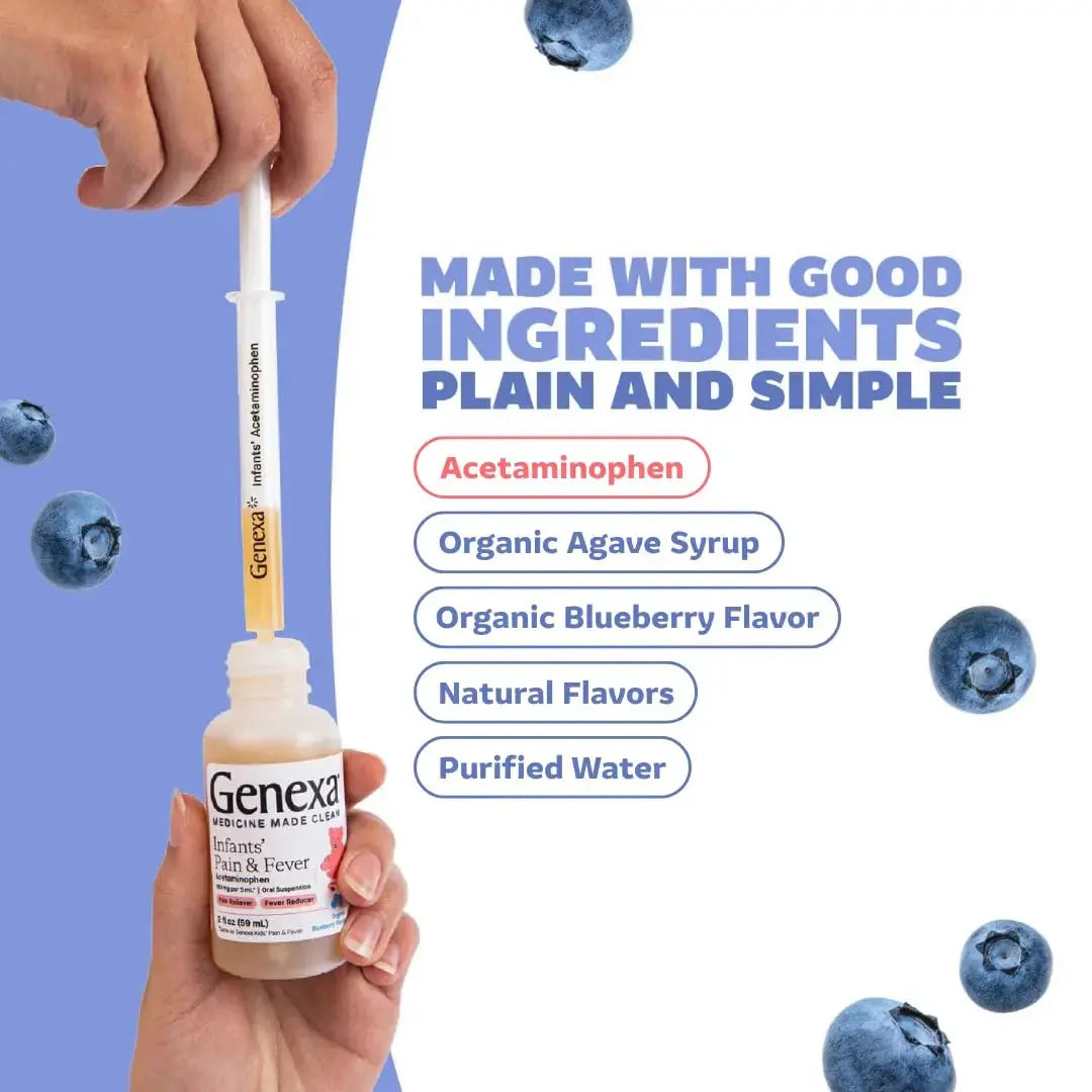Genexa Infants' Clean Acetaminophen | Pediatrician Preferred Ingredients | Pain Reliever & Fever Reducer for Babies | Dye Free, 0% Artificial Additives | Delicious Organic Blueberry Flavor, 2 fl oz GenexaAu supplements