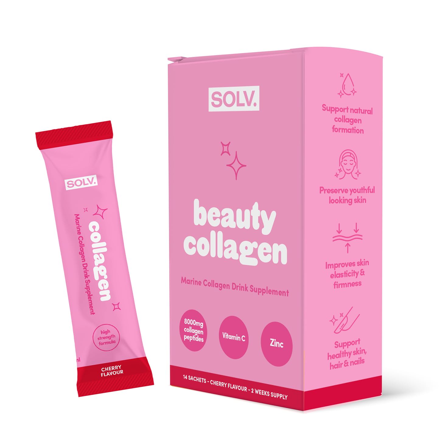 Solv Liquid 8000mg Marine Collagen Peptide Beauty Supplement Gel 14x15ml Sachets High Strength Great Tasting VIT C Biotin SOLVAu supplements
