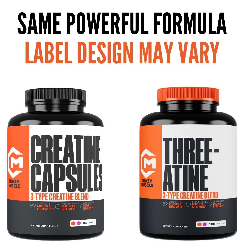 Creatine Capsules, 5g Premium 3X ThreeAtine Pre Workout Bulk Muscle Mass Gainer, High Absorption Easy to Take Creatine Monohydrate Pills Alternative Optimum Performance for Men Women, 180 Capsules Crazy MuscleAu supplements