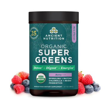 Ancient Nutrition SuperGreens Powder with Probiotics, Organic Berry Flavor Greens, Made from Real Fruits, Vegetables and Herbs, Digestive and Energy Support, 25 Servings, 6.7oz Ancient NutritionAu supplements