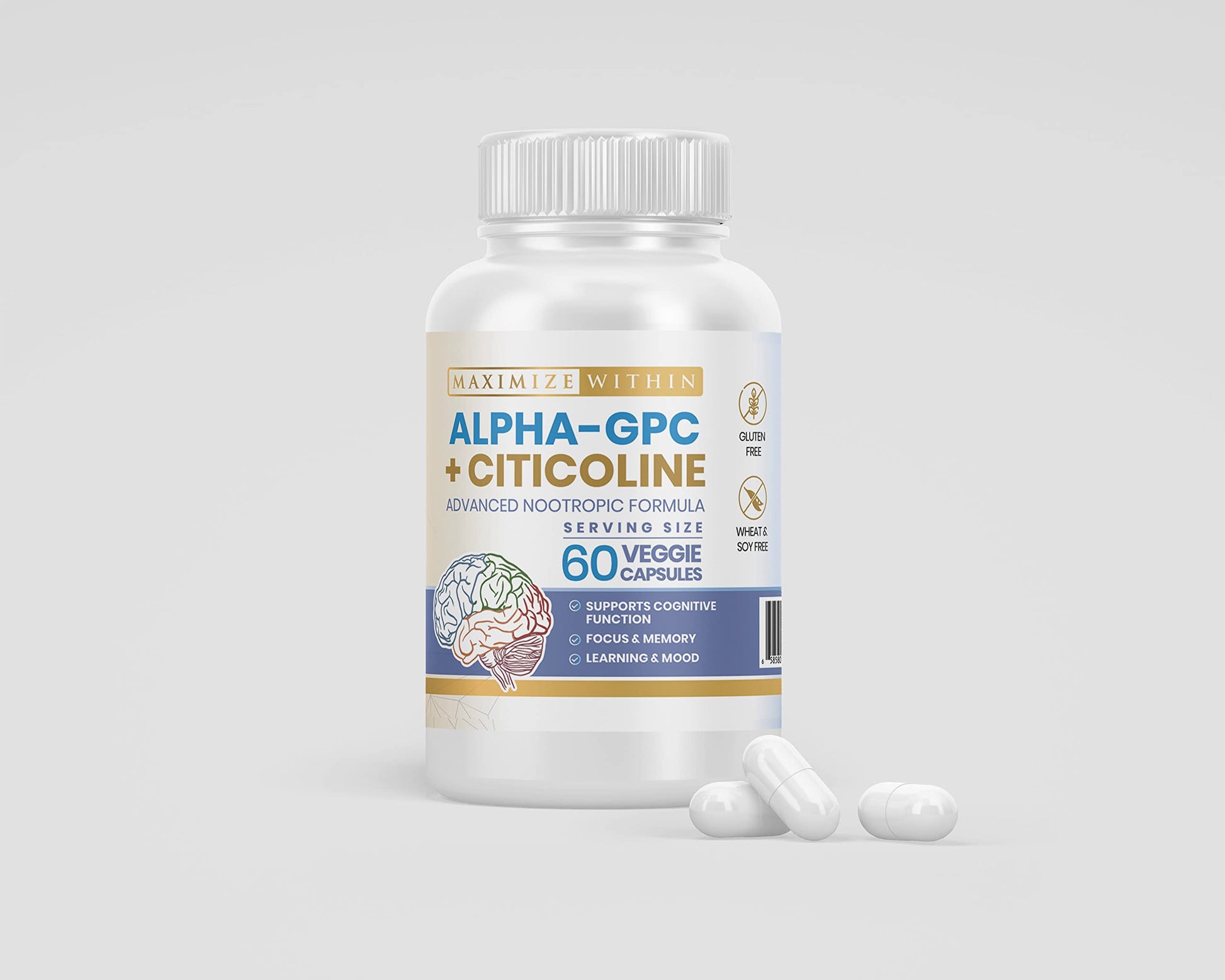 Maximize Within Alpha GPC + Citicoline 60 Ct, 1600mg Concentrated Formula- 99%+Highly Purified & Bioavailable Nootropic-Cognitive Enhancer, Supports Memory, Brain Function, Boosts Focus, Mood & Energy Maximize WithinAu supplements