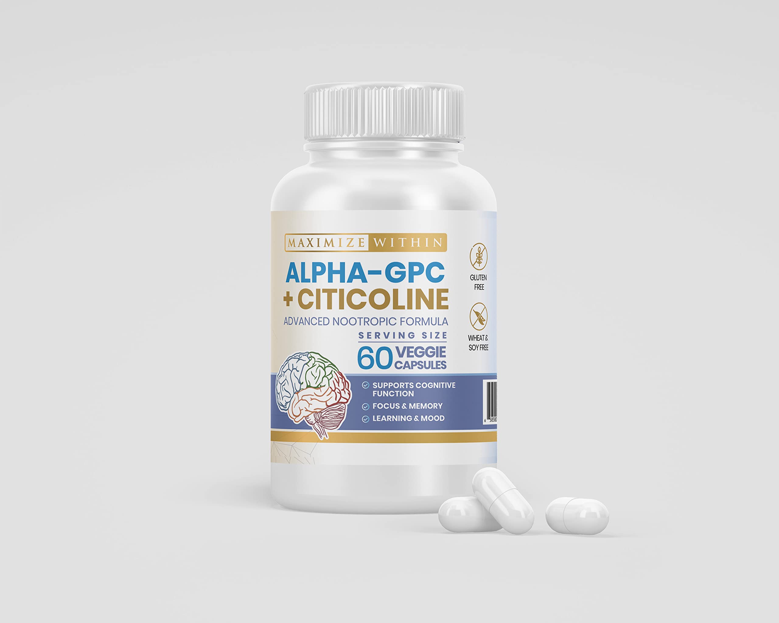 Maximize Within Alpha GPC + Citicoline 60 Ct, 1600mg Concentrated Formula- 99%+Highly Purified & Bioavailable Nootropic-Cognitive Enhancer, Supports Memory, Brain Function, Boosts Focus, Mood & Energy Maximize WithinAu supplements