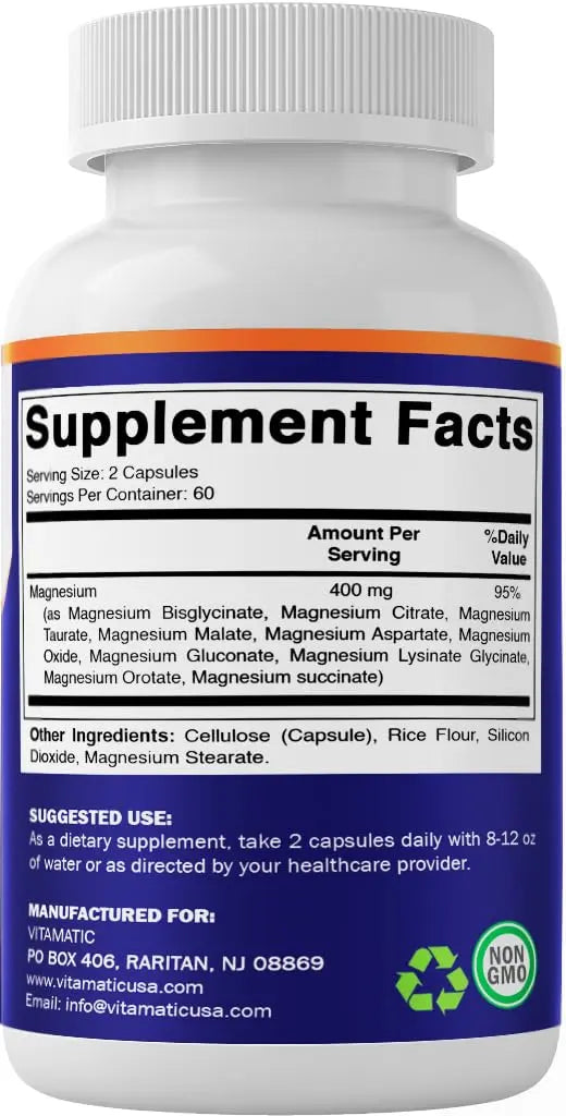 Vitamatic Magnesium Complex, 400mg Elemental MG (as Bisglycinate, Citrate, Taurate, Malate, Aspartate, Oxide, Gluconate, Lysinate Glycinate, Orotate, Succinate) – 120 Capsules Vitamaticnz supplements