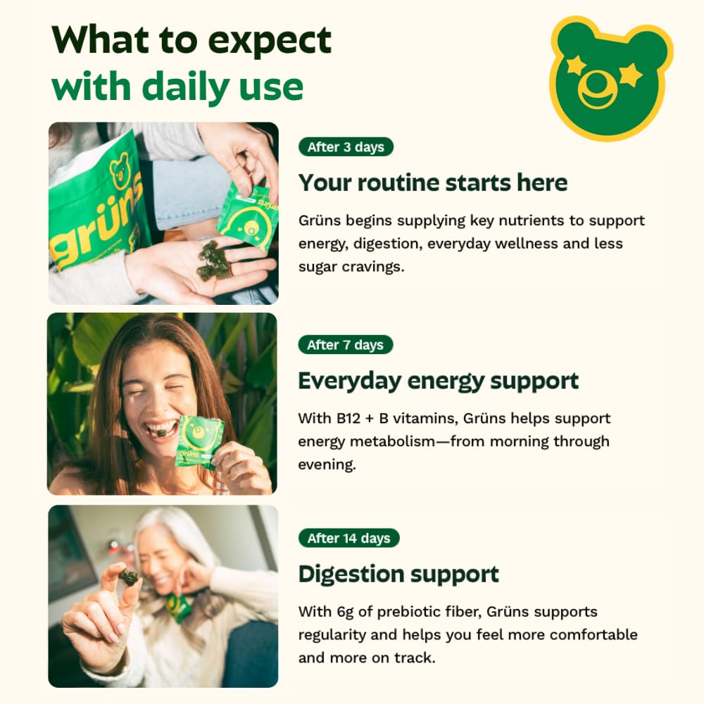 Gruns Adult Super Greens Multivitamin Gummies, Superfood Gummy Vitamins for Women and Men with Spirulina, Chlorella, Adaptogens & Prebiotic Fiber for Digestive Health (28 Count) GrünsAu supplements