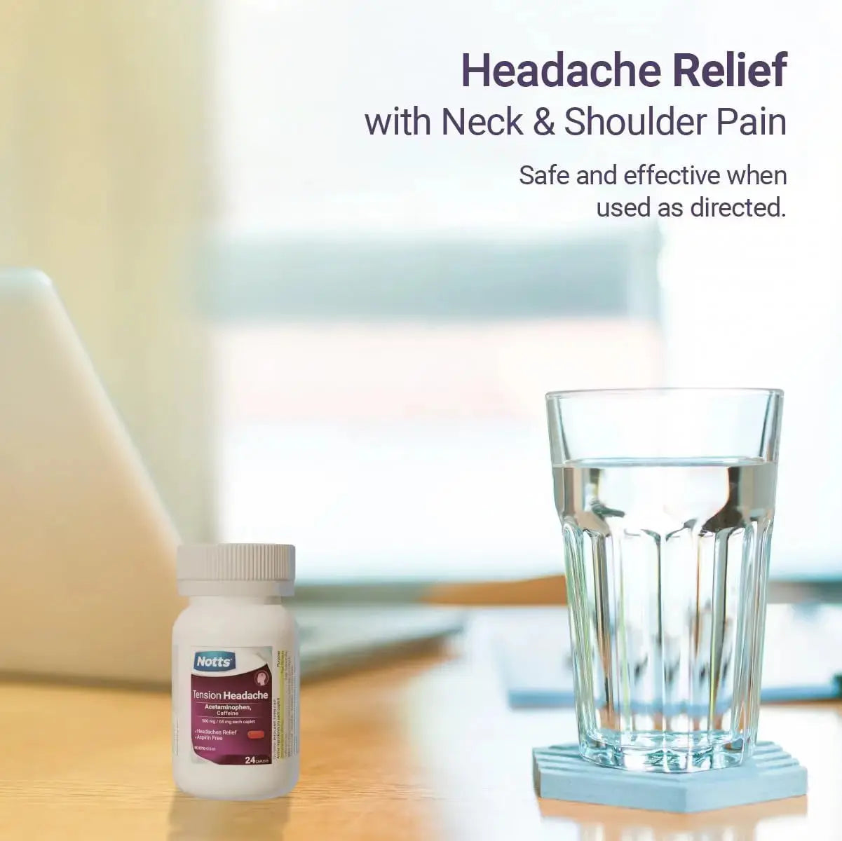 NOTTS Tension Headache Relief Without Aspirin for Head, Neck & Shoulder Pain - 100 Count, Acetaminophen 500 mg Caffeine 65 mg Caplets, for Aches Caused by Tension and Stress. Headache Relief caplets NOTTSAu supplements