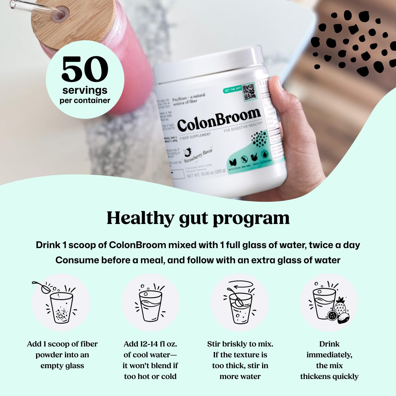 ColonBroom Psyllium Husk Powder - Colon Cleanse for Bloating Relief & Gut Health - Fiber Powder Drink - Easy to Mix - Vegan, Gluten Free, Non-GMO - Strawberry (50 Servings) ColonBroomAu supplements