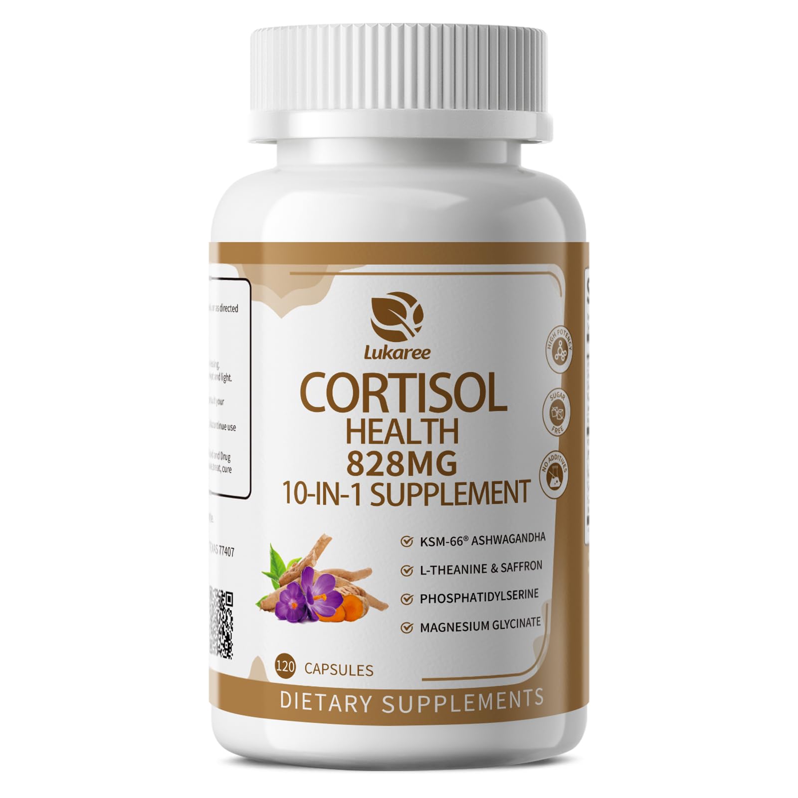 10-IN-1 Cortisol Supplements w/ KSM-66® Ashwagandha 300mg + L-Theanine 250mg, Magnesium Glycinate, Saffron, Phosphatidylserine, Turmeric & Vitamin C D3 B6 B5, For Women Men, 120 Capsules 60-Day Supply LukareeAu supplements