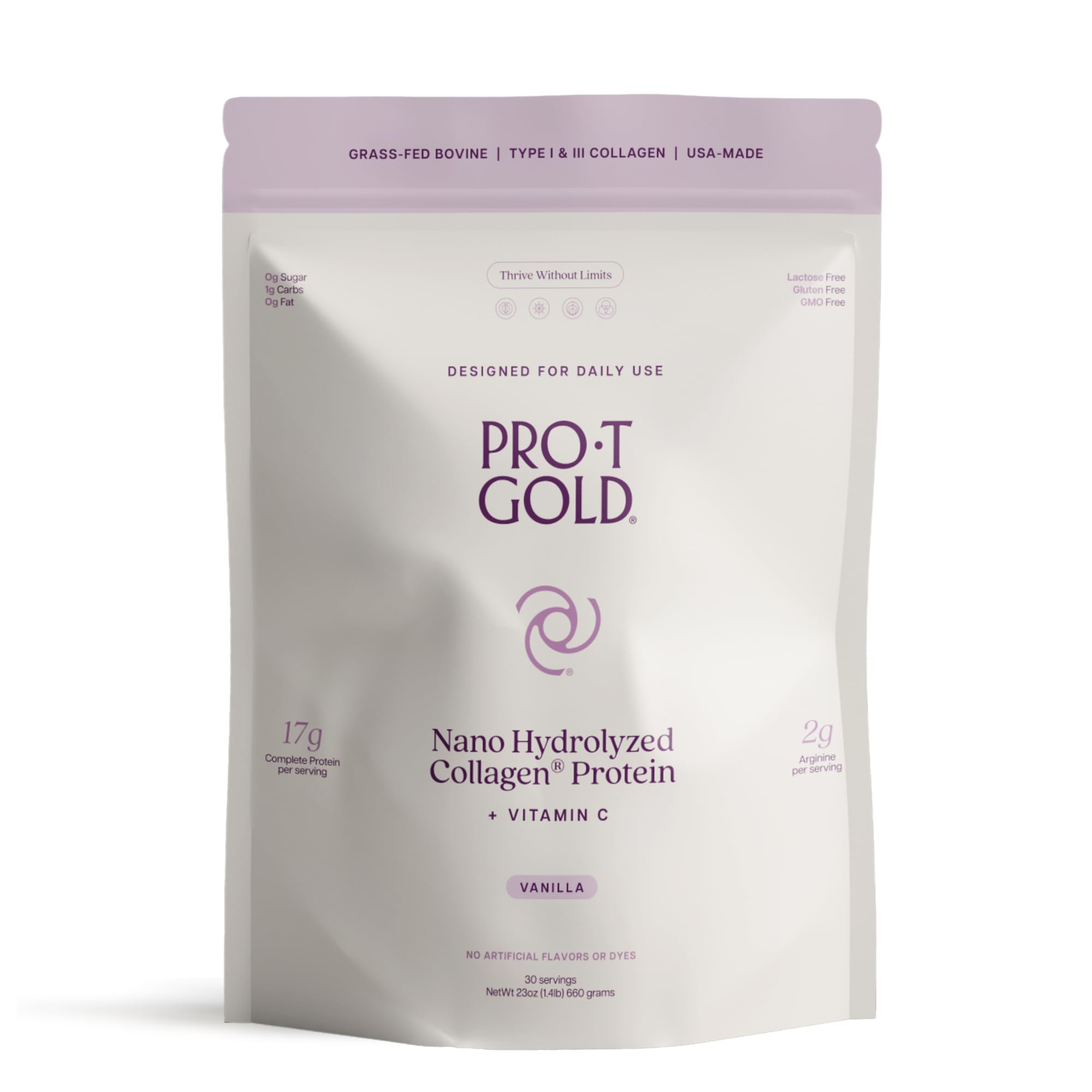 ProT Gold Collagen Protein Powder, 17g Protein Nano-Hydrolyzed Grass Fed Collagen, Vitamin C, 2g Arginine for Wound Support, Gluten Free, All Natural, Fat and Sugar Free, 0g Carbs, Vanilla, 23 oz, 30 ProT GoldAu supplements