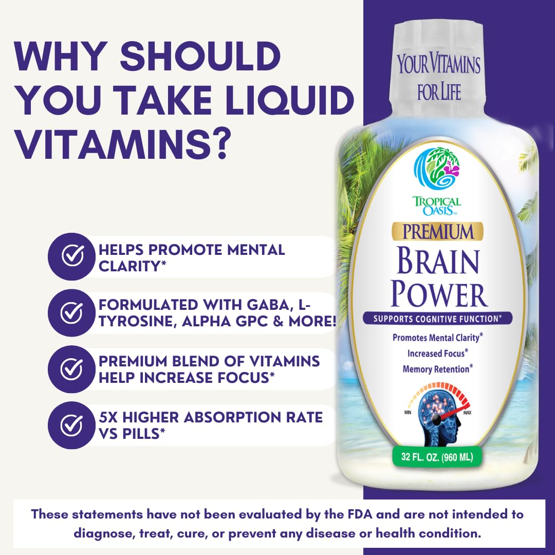 Tropical Oasis - Brain Power | Liquid Nootropic Supplement - Promotes Mental Clarity, Focus, and Memory Retention (Unflavored, 32 Servings) Tropical OasisAu supplements