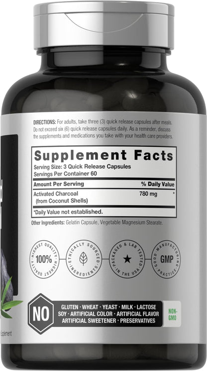 Charcoal Pills 780mg | 180 Capsules | Activated Charcoal from Coconut Shells | Non-GMO HorbäachUS supplements