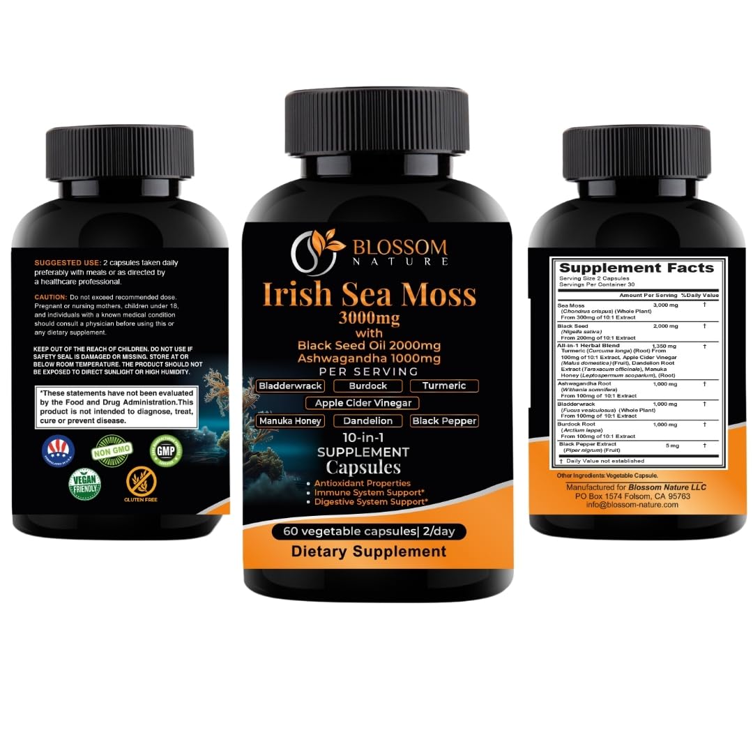10-in-1 Irish Sea Moss Veggie Caps 3000mg Black Seed Oil Ashwagandha Bladderwrack Burdock Turmeric Apple Cider Vinegar Manuka Honey Dandelion Black Pepper - Made in US(Veggie Caps, Unflavored) Blossom NatureAu supplements