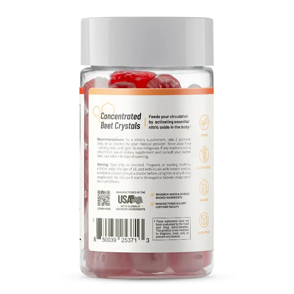 Snap Supplements Nitric Oxide Beet Root Gummies Supplement with Organic Beets - Energy & Circulation Support, 60 Sugar-Free Gummies (30 Servings, 1 Month Supply), Peach Snap Supplementsnz supplements