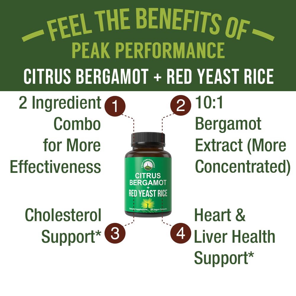 Citrus Bergamot + Red Yeast Rice. 2-in-1 Supplement. High Strength 10:1 Bergamot Extract. No Gluten, Zero Sugar, Vegan Capsules Peak PerformanceAu supplements