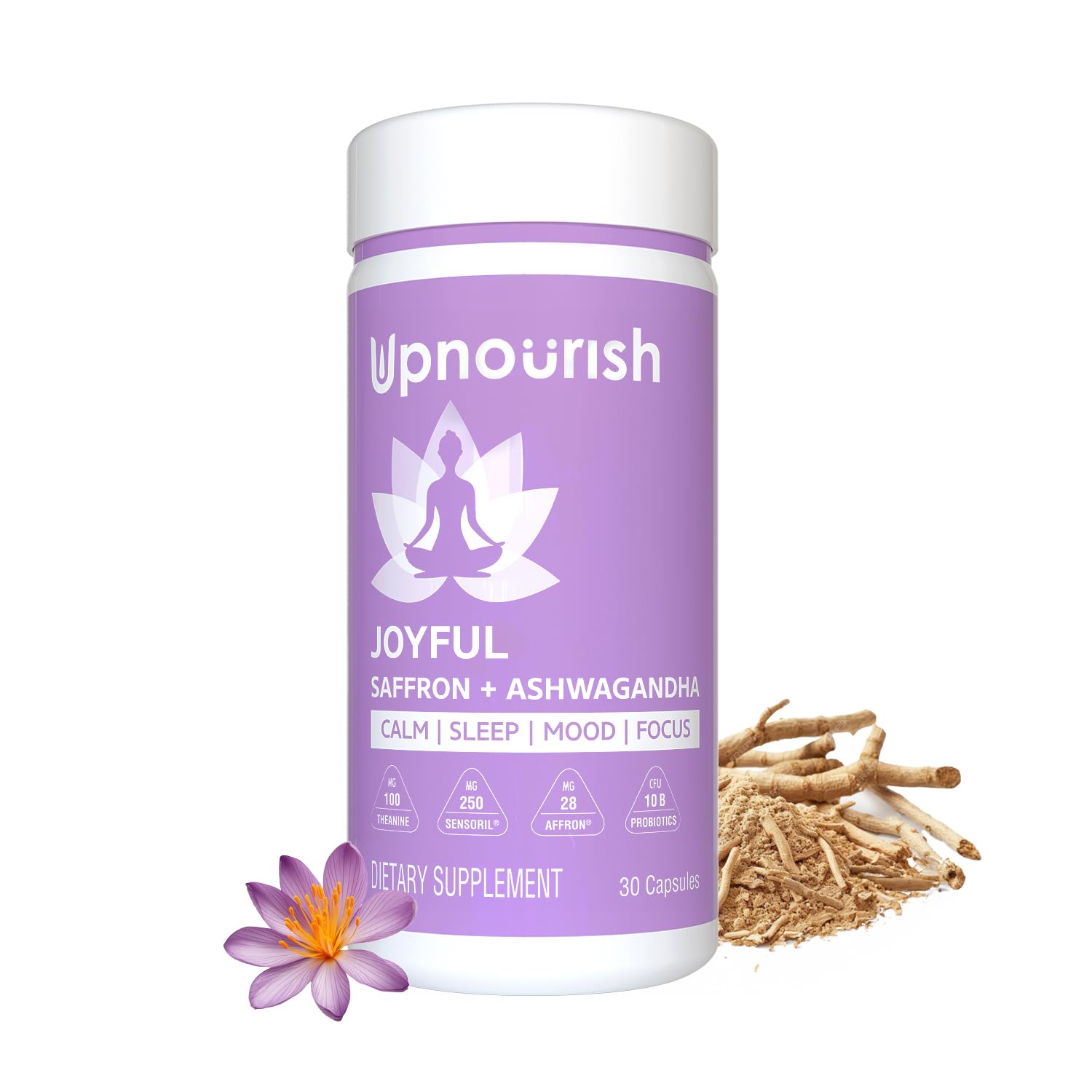 UpNourish Organic Ashwagandha Saffron Supplements with Probiotics - Stress Relief, Mood Enhancer, Calm Happy Pills Support Fatigue Focus Clarity with L-Theanine, Rhodiola, 30 Vegan Capsules UpNourishAu supplements