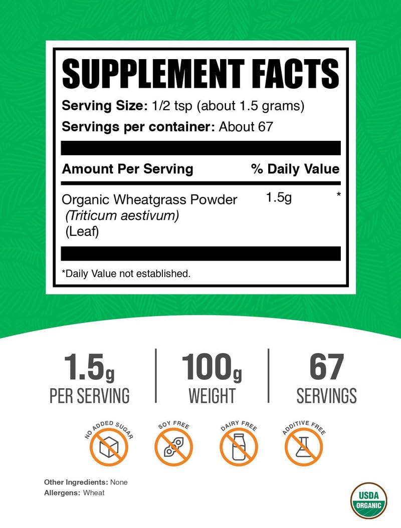 BulkSupplements.com Organic Wheatgrass Powder - Organic Super Greens Powder, Superfoods Supplement - Vegan & Gluten Free, 1.5g per Serving, 100g (3.5 oz) (Pack of 1) BulkSupplementsAu supplements
