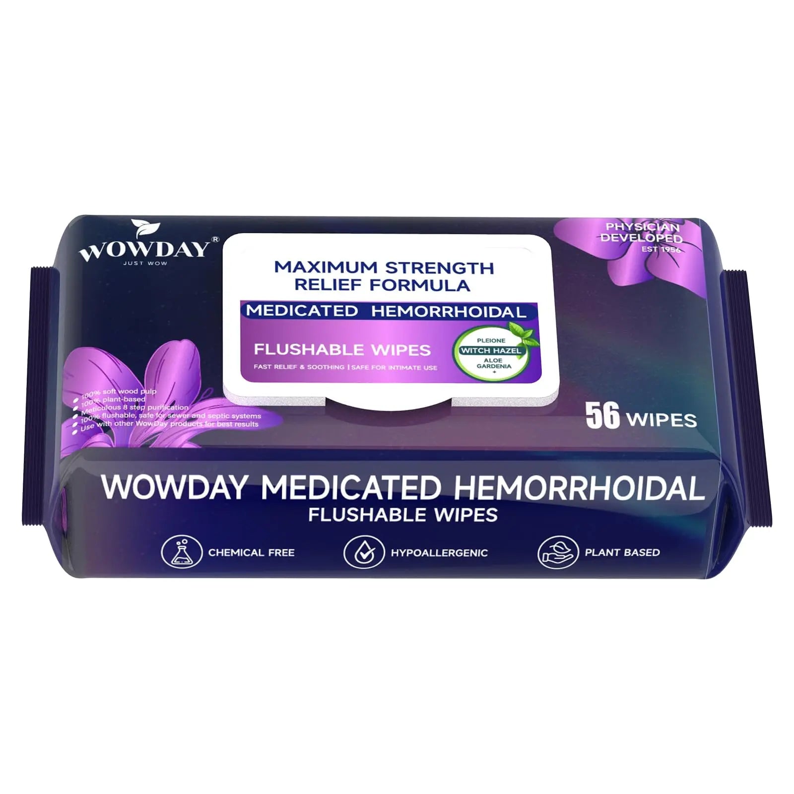 Wowday Flushable Hemorrhoid Wipes | Maximum Strength Witch Hazel Wipes | 56 Count Fragrance Free Adult Hemorrhoids Medicated Witch Hazels Wipe for Butt Hemorrhoidal Itch WowDayAu supplements