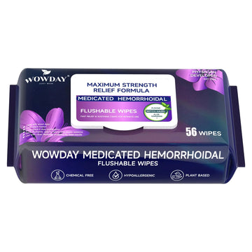Wowday Flushable Hemorrhoid Wipes | Maximum Strength Witch Hazel Wipes | 56 Count Fragrance Free Adult Hemorrhoids Medicated Witch Hazels Wipe for Butt Hemorrhoidal Itch WowDayAu supplements