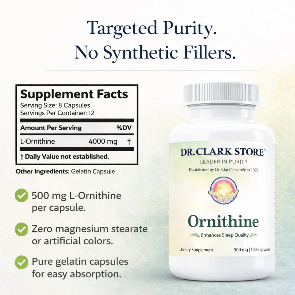 Dr Clark Ornithine Dietary Supplement - Gluten Free, Natural Sleep Aid, Promotes Protein Metabolism, Cleansing and Detoxification, 500mg, 100 Gelatin Capsules Dr Clark StoreAu supplements