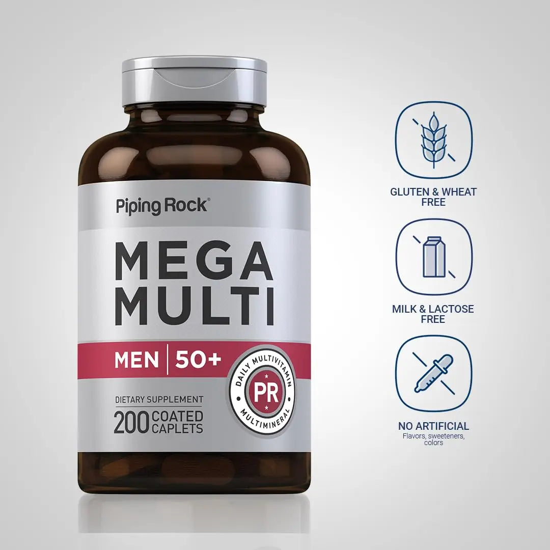 Piping Rock Multivitamin for Men Over 50+ | 200 Caplets | Mega 50 Plus Daily Multimineral | with Magnesium, Calcium, Zinc | Piping RockAu supplements